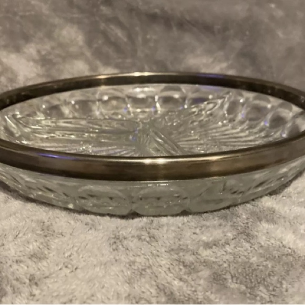 Vintage Crystal Heavy 3 Section Separated Dish wth Metal Edges Raised Design 9in
